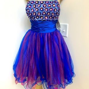 Fiesta Strapless Beaded Royal Blue and Fuchsia Party Dress